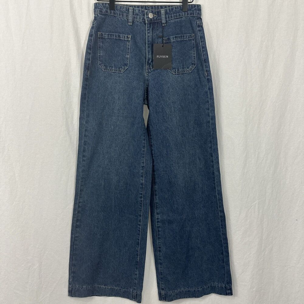 Flvsun Blue Denim Patch Pocket Wide Leg Jeans Womens Sz S/4 Hippie Flare Boho